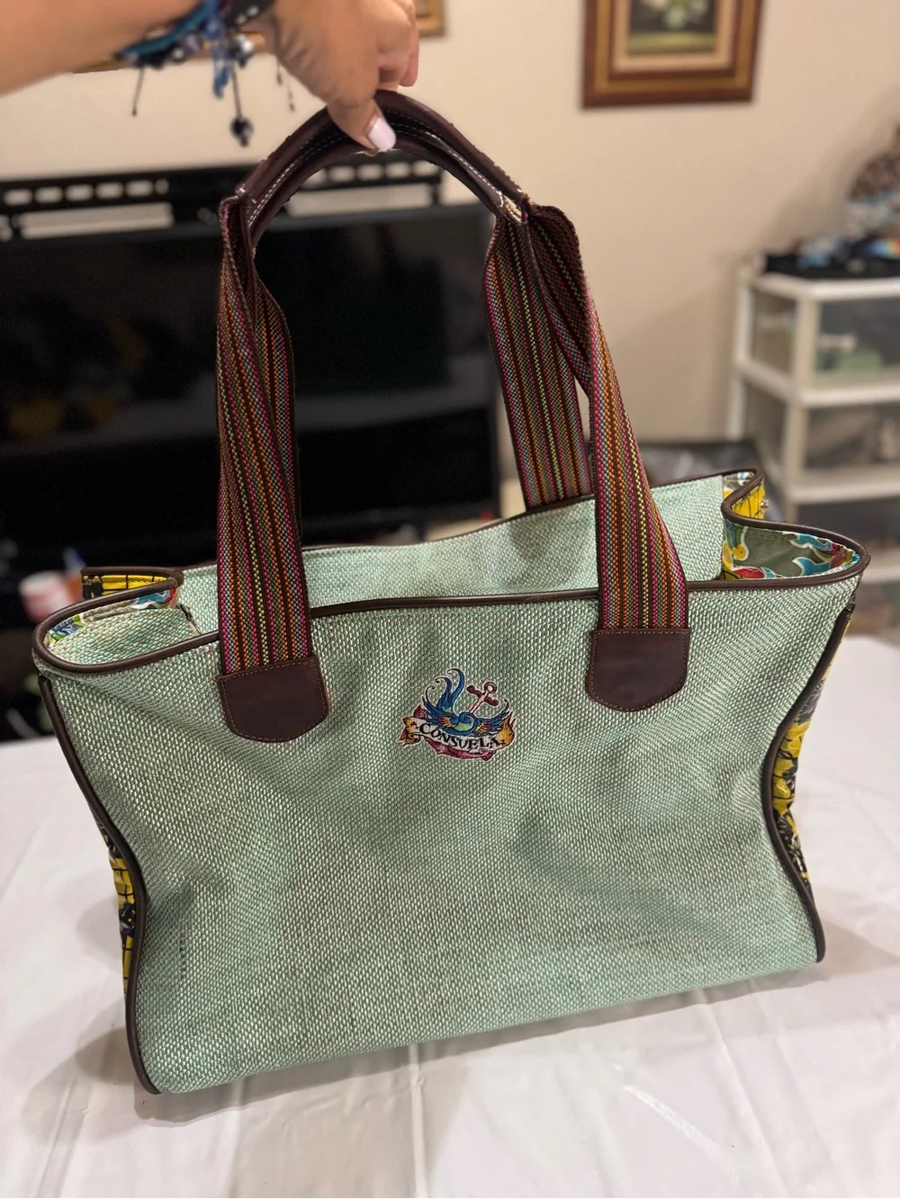 Consuela Mint Green Canvas X Large Tote with Patterned Yellow Sides